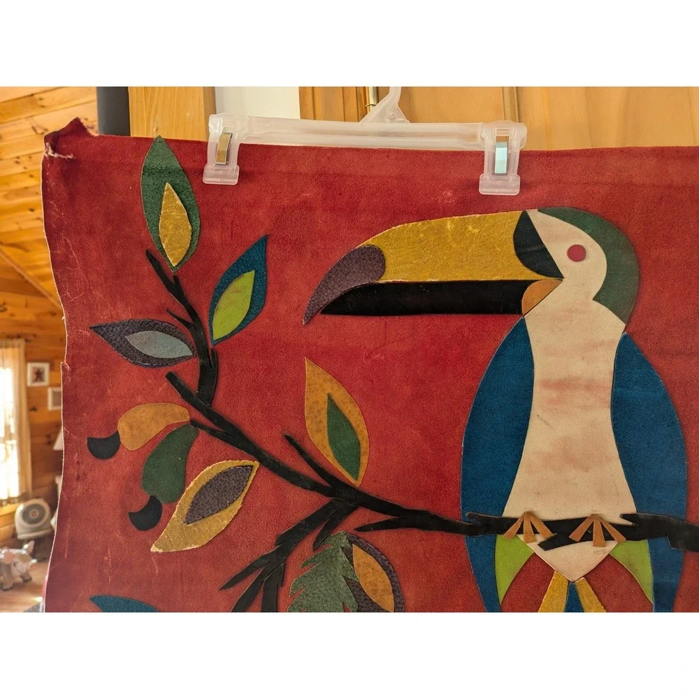 Vintage Handmade Leather Tucan Bird Scene Wall Tapestry By Jose Marcos‎ Brazil